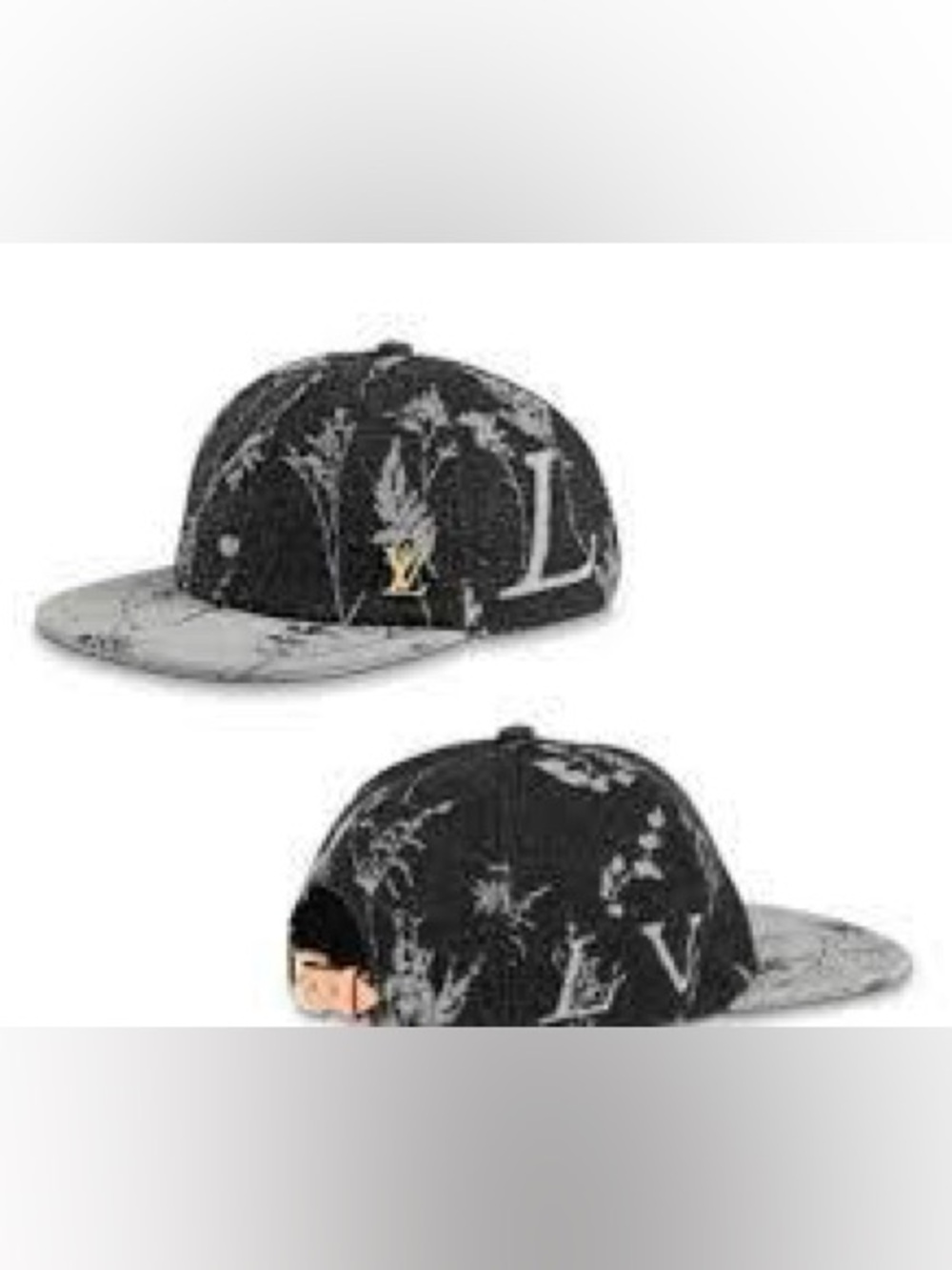 Louis Vuitton Black and Gray Floral Monogram Snapback Hat with Gold Emblem